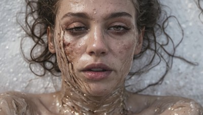 1girl,solo,looking at viewer,brown hair,black hair,brown eyes,nude,lying,parted lips,teeth,on back,water,hair bun,mole,lips,wet,portrait,snow,partially submerged,freckles,realistic,mole on cheek,short hair,collarbone,eyelashes,close-up,dirty