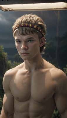 solo,short hair,blue eyes,blonde hair,brown hair,1boy,navel,closed mouth,nipples,collarbone,upper body,male focus,nude,hairband,outdoors,day,artist name,blurry,tree,lips,muscular,blurry background,headband,abs,pectorals,muscular male,freckles,toned,topless male,realistic,nose,looking at viewer,sunlight