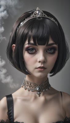 1girl,solo,breasts,looking at viewer,short hair,bangs,blue eyes,simple background,black hair,dress,cleavage,bare shoulders,jewelry,medium breasts,closed mouth,collarbone,upper body,choker,grey background,necklace,mole,black eyes,black dress,lips,grey eyes,eyelashes,mole under eye,makeup,piercing,bob cut,tiara,gem,portrait,lace trim,lace,eyeshadow,smoke,freckles,realistic,nose,mascara,eyeliner