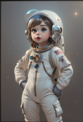 1girl,solo,looking at viewer,short hair,open mouth,bangs,blue eyes,brown hair,gloves,standing,cowboy shot,parted lips,teeth,lips,border,helmet,child,zipper,hands on hips,realistic,nose,red lips,black border,american flag,spacesuit,japanese flag,space helmet,astronaut,simple background,long sleeves,backpack,space