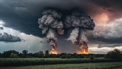 outdoors,sky,day,cloud,tree,no humans,cloudy sky,grass,fire,nature,scenery,forest,smoke,burning,campfire,1boy,multiple boys,1other,monster,giant