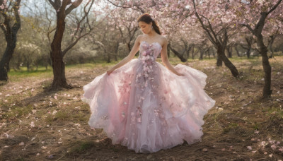 1girl, solo, long hair, brown hair, hair ornament, dress, bare shoulders, standing, closed eyes, flower, outdoors, day, white dress, tree, petals, strapless, cherry blossoms, strapless dress, wedding dress, skirt hold