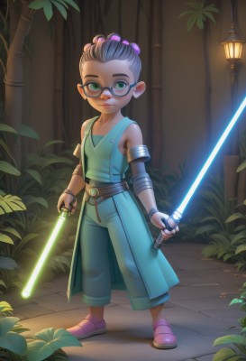 1girl,solo,looking at viewer,smile,short hair,black hair,holding,closed mouth,green eyes,standing,full body,weapon,outdoors,shoes,glasses,sleeveless,belt,pants,sword,holding weapon,night,holding sword,plant,child,armband,armlet,dual wielding,animification,hair pulled back,glowing weapon,energy sword,lightsaber,brown hair,hair ornament,multicolored hair,artist name,lips,tank top,hair bobbles,science fiction,lamppost,dreadlocks