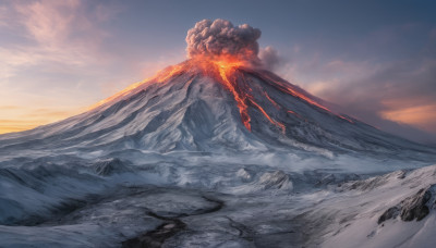 outdoors, sky, cloud, no humans, fire, scenery, mountain, molten rock