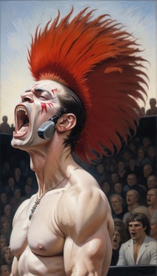 open mouth,black hair,1boy,jewelry,nipples,closed eyes,upper body,male focus,red hair,multiple boys,teeth,solo focus,tongue,necklace,muscular,facial mark,abs,cross,pectorals,muscular male,6+boys,topless male,realistic,facepaint,manly,singing,crowd,what,screaming,mohawk,solo,facial hair,veins,shouting,bodypaint