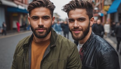 looking at viewer,smile,short hair,brown hair,shirt,black hair,brown eyes,jacket,white shirt,upper body,male focus,outdoors,multiple boys,open clothes,teeth,dark skin,2boys,blurry,open jacket,black jacket,blurry background,facial hair,beard,green jacket,realistic,mustache,manly,leather,undercut,orange shirt,leather jacket,photo background,denim jacket,closed mouth,day,depth of field,denim,blue jacket