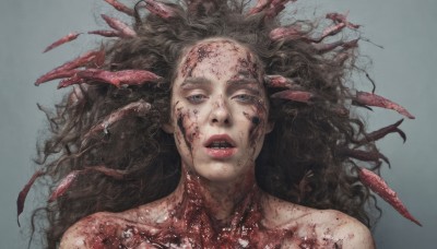 1girl,solo,long hair,looking at viewer,open mouth,blue eyes,simple background,brown hair,black hair,upper body,parted lips,teeth,lips,blood,portrait,blood on face,realistic,horror (theme),guro,bare shoulders,collarbone,nude,grey background,grey eyes,wavy hair,veins