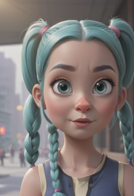 1girl,solo,long hair,looking at viewer,smile,blue eyes,bare shoulders,twintails,green eyes,blue hair,collarbone,upper body,braid,outdoors,parted lips,sleeveless,solo focus,day,artist name,blurry,twin braids,aqua eyes,lips,eyelashes,aqua hair,depth of field,blurry background,web address,forehead,freckles,realistic,female child,shirt,watermark,blue shirt