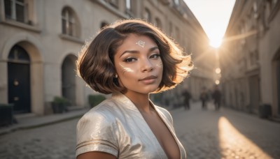 1girl,solo,breasts,looking at viewer,smile,short hair,brown hair,shirt,hat,brown eyes,jewelry,closed mouth,white shirt,upper body,short sleeves,heart,earrings,small breasts,outdoors,solo focus,day,dark skin,blurry,black eyes,dark-skinned female,lips,depth of field,blurry background,facial mark,sunlight,building,lens flare,realistic,nose,straw hat,street,cleavage,sky,eyelashes,backlighting,sun hat,forehead mark,sun,road,facepaint,forehead jewel