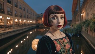 1girl,solo,looking at viewer,short hair,bangs,brown hair,black hair,dress,brown eyes,jewelry,closed mouth,jacket,upper body,red hair,multicolored hair,outdoors,blunt bangs,necklace,blurry,black eyes,lips,black jacket,tattoo,makeup,night,facial mark,floral print,bob cut,lipstick,building,city,nose,railing,red lips,facial tattoo,neck tattoo,collarbone,sky,day,tree,blue sky,pendant,facepaint,lamppost