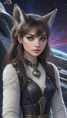 1girl,solo,long hair,breasts,looking at viewer,bangs,brown hair,shirt,long sleeves,animal ears,brown eyes,jewelry,closed mouth,green eyes,upper body,earrings,sky,artist name,mole,lips,animal ear fluff,fur trim,fox ears,mole under eye,makeup,brooch,gem,star (sky),extra ears,starry sky,freckles,realistic,nose,space,planet,earth (planet),medium breasts,white shirt,vest,eyelashes,wolf ears,spacecraft