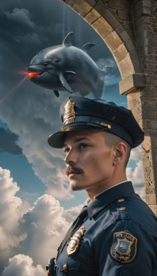 solo,blue eyes,1boy,hat,upper body,male focus,outdoors,sky,day,cloud,signature,uniform,blue sky,military uniform,glowing,facial hair,animal,cloudy sky,looking up,peaked cap,fish,realistic,mustache,manly,badge,police,police uniform,whistle,medal,police hat,walkie-talkie,necktie,whale