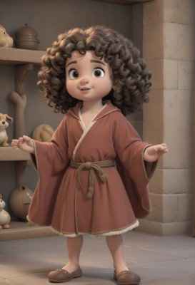 1girl,solo,looking at viewer,smile,brown hair,long sleeves,dress,brown eyes,standing,full body,shoes,indoors,dark skin,wide sleeves,medium hair,lips,brown footwear,stuffed toy,stuffed animal,child,curly hair,teddy bear,robe,female child,long hair,open mouth,collarbone,parted lips,artist name,dark-skinned female,loli,bird,animal,watermark