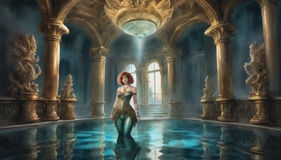 1girl,solo,breasts,looking at viewer,short hair,brown hair,gloves,cleavage,bare shoulders,brown eyes,medium breasts,standing,red hair,pants,indoors,water,window,strapless,sunlight,reflection,fantasy,pillar,statue,arch,reflective floor,column,dress,jewelry,necklace,armor,bracelet,scenery,armlet,green dress