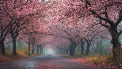 flower, outdoors, sky, day, tree, no humans, sunlight, grass, cherry blossoms, nature, scenery, road, path, spring (season)