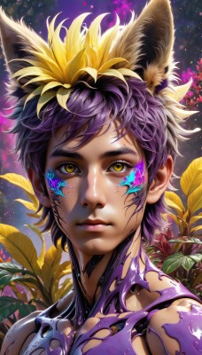 1girl,solo,looking at viewer,short hair,bangs,hair ornament,1boy,animal ears,closed mouth,yellow eyes,upper body,purple hair,flower,male focus,artist name,cat ears,hair flower,dark skin,lips,fox ears,tattoo,leaf,facial mark,plant,portrait,freckles,nose,multicolored hair,eyelashes,extra ears,yellow flower,facepaint