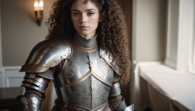 1girl,solo,long hair,looking at viewer,brown hair,brown eyes,closed mouth,upper body,indoors,armor,blurry,lips,looking to the side,blurry background,wavy hair,shoulder armor,gauntlets,curly hair,pauldrons,breastplate,realistic,nose,fantasy,gorget,chainmail,plate armor,black hair,expressionless,cross,freckles,knight