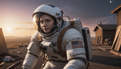 solo,looking at viewer,brown hair,black hair,1boy,brown eyes,upper body,male focus,outdoors,sky,bag,blurry,lips,depth of field,blurry background,moon,backpack,helmet,building,star (sky),sunset,realistic,sun,space,american flag,spacesuit,japanese flag,space helmet,astronaut,1girl,smile,parted lips,planet,dirty,debris,united states,american flag print