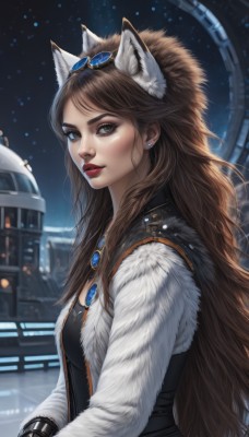 1girl,solo,long hair,breasts,looking at viewer,brown hair,gloves,long sleeves,animal ears,brown eyes,jewelry,medium breasts,upper body,earrings,sky,cat ears,from side,lips,coat,animal ear fluff,fur trim,makeup,night,sunglasses,lipstick,goggles,gem,eyewear on head,extra ears,freckles,goggles on head,nose,red lips,signature,necklace,eyelashes,wolf ears,realistic,stud earrings