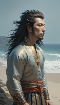 solo,long hair,black hair,hair ornament,long sleeves,1boy,brown eyes,jewelry,closed mouth,standing,closed eyes,male focus,cowboy shot,outdoors,sky,day,water,from side,sash,profile,facial hair,ocean,beach,chinese clothes,gem,beard,mountain,realistic,sand,arms at sides,shore,upper body,blue sky,scar,clenched hands,rock,looking afar,waves