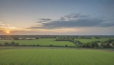 outdoors,sky,day,cloud,tree,blue sky,no humans,sunlight,cloudy sky,grass,nature,scenery,sunset,mountain,sun,horizon,road,field,river,landscape,mountainous horizon,hill,forest