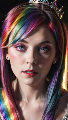 1girl,solo,long hair,looking at viewer,bangs,blue eyes,jewelry,collarbone,pink hair,purple hair,multicolored hair,earrings,parted lips,teeth,artist name,signature,lips,streaked hair,eyelashes,makeup,swept bangs,watermark,piercing,tiara,crown,lipstick,ear piercing,portrait,web address,eyeshadow,freckles,realistic,nose,red lips,stud earrings,eyeliner,mascara,rainbow hair,blue hair,red hair,green hair