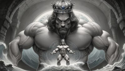 solo,long hair,looking at viewer,1boy,closed mouth,nipples,monochrome,upper body,male focus,multiple boys,water,muscular,facial hair,frown,abs,crown,pectorals,muscular male,bara,beard,large pectorals,spot color,veins,topless male,serious,mature male,mustache,giant,manly,biceps,statue,thick arms,veiny arms,standing,greyscale,artist name,signature,thick eyebrows,outstretched arms,wading,spread arms,waves,swim briefs