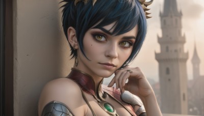 1girl,solo,looking at viewer,short hair,bangs,black hair,hair ornament,bare shoulders,brown eyes,jewelry,closed mouth,blue hair,yellow eyes,upper body,earrings,outdoors,hand up,armor,mole,blurry,lips,eyelashes,mole under eye,makeup,blurry background,ring,building,portrait,realistic,gem,nose,castle