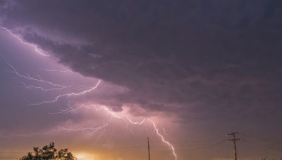 outdoors,sky,cloud,signature,tree,no humans,cloudy sky,scenery,sunset,electricity,power lines,utility pole,lightning,twilight,landscape