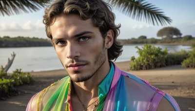 HQ,solo,looking at viewer,smile,short hair,brown hair,shirt,black hair,1boy,brown eyes,jewelry,upper body,male focus,earrings,outdoors,sky,sleeveless,day,collared shirt,water,necklace,blurry,black eyes,tree,blue sky,lips,blurry background,facial hair,ocean,beach,portrait,beard,curly hair,realistic,nose,mustache,palm tree,stubble,closed mouth,bag,vest,sunlight,backpack,dappled sunlight