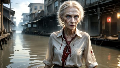 HQ,1girl,solo,looking at viewer,short hair,blue eyes,blonde hair,shirt,white shirt,upper body,white hair,outdoors,necktie,water,bra,lips,wet,torn clothes,blood,scar,ground vehicle,building,wet clothes,motor vehicle,sleeves rolled up,reflection,injury,blood on face,realistic,car,blood on clothes,stitches,old,power lines,old woman,sky,collared shirt,makeup,lipstick,city,cityscape,watercraft,torn shirt,dirty,dirty face,traffic light