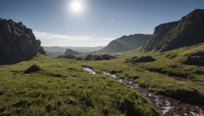 outdoors,sky,day,cloud,water,tree,blue sky,no humans,grass,nature,scenery,forest,rock,mountain,sun,river,landscape,mountainous horizon,cliff,ocean,moon,sunlight,sand,horizon,shore