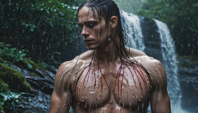 solo, long hair, black hair, 1boy, closed mouth, nipples, closed eyes, upper body, male focus, outdoors, water, blurry, wet, blood, muscular, blurry background, pectorals, muscular male, rain, realistic, wet hair, manly, hair slicked back, waterfall