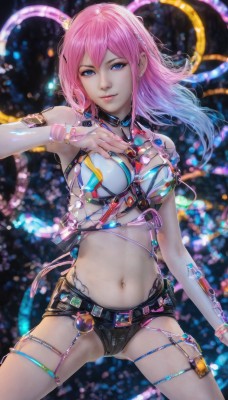 1girl,solo,long hair,breasts,looking at viewer,smile,blue eyes,navel,hair between eyes,bare shoulders,jewelry,medium breasts,blue hair,pink hair,multicolored hair,cowboy shot,shorts,midriff,belt,stomach,nail polish,blurry,bracelet,two-tone hair,lips,crop top,short shorts,gradient hair,thigh strap,ass visible through thighs,black shorts,pink nails,navel piercing,watermark,hand on own chest,science fiction,realistic,cable