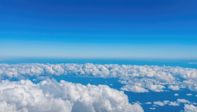 monochrome,outdoors,sky,day,cloud,blue sky,no humans,ocean,cloudy sky,scenery,blue theme,horizon,landscape,above clouds,signature,water,bird,flock