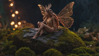 1girl,solo,long hair,breasts,large breasts,brown hair,black hair,hair ornament,cleavage,bare shoulders,medium breasts,sitting,very long hair,outdoors,wings,barefoot,dark skin,water,blurry,dark-skinned female,tree,bare legs,night,depth of field,blurry background,bug,nature,forest,rock,fairy wings,fairy,hand on own knee,butterfly wings,closed eyes,red hair,arm support,scenery,sitting on rock