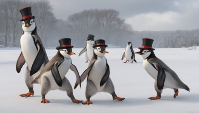 hat,standing,outdoors,day,artist name,tree,no humans,black headwear,bird,animal,nature,snow,walking,top hat,animal focus,winter,penguin,bow,sky,scenery