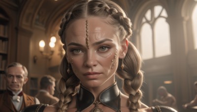 1girl,long hair,looking at viewer,brown hair,brown eyes,jewelry,closed mouth,braid,earrings,multiple boys,solo focus,indoors,2boys,blurry,twin braids,lips,grey eyes,window,depth of field,blurry background,facial mark,3boys,portrait,freckles,realistic,nose,bald,church,multiple braids,blonde hair,mole,sunlight,backlighting,old