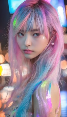 1girl,solo,long hair,looking at viewer,bangs,bare shoulders,jewelry,closed mouth,blue hair,upper body,pink hair,multicolored hair,earrings,blurry,black eyes,lips,looking to the side,gradient hair,makeup,depth of field,blurry background,piercing,realistic,nose,water,eyelashes,watermark,web address,bokeh,rainbow hair