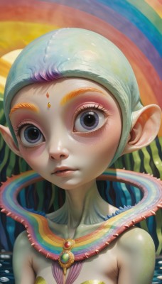 1girl,solo,breasts,looking at viewer,short hair,blue eyes,bare shoulders,jewelry,purple eyes,collarbone,upper body,multicolored hair,small breasts,parted lips,pointy ears,lips,eyelashes,makeup,colored skin,gem,close-up,freckles,realistic,nose,forehead jewel,rainbow,alien,eye focus,yellow skin,water,facial mark,monster girl,forehead mark,lily pad