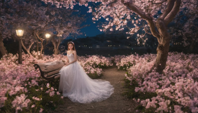 1girl, solo, long hair, looking at viewer, brown hair, dress, bare shoulders, sitting, flower, outdoors, white dress, tree, night, cherry blossoms, scenery, wedding dress, bench