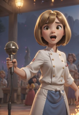 1girl,looking at viewer,blush,smile,short hair,open mouth,bangs,multiple girls,skirt,blonde hair,brown hair,shirt,long sleeves,dress,holding,brown eyes,standing,white shirt,outdoors,multiple boys,teeth,solo focus,indoors,blurry,apron,tree,night,buttons,depth of field,blurry background,upper teeth only,bob cut,5girls,child,microphone,freckles,music,female child,double-breasted,holding microphone,singing,badge,microphone stand,crowd,stage,chef,people,lips,blue skirt,6+girls,thick eyebrows