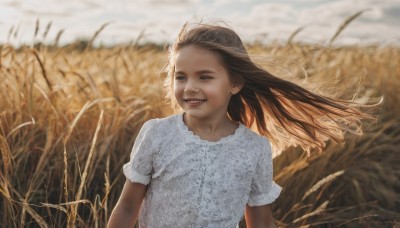 1girl,solo,long hair,smile,open mouth,blue eyes,brown hair,shirt,dress,white shirt,upper body,short sleeves,outdoors,sky,teeth,day,signature,white dress,blurry,floating hair,depth of field,blurry background,fangs,wind,realistic,field,wheat,:d,cloud,blue sky