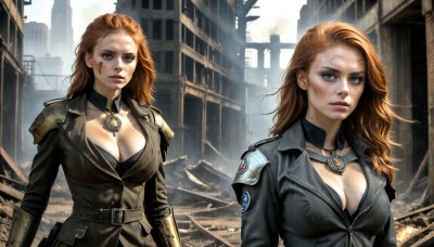 HQ,1girl,long hair,breasts,looking at viewer,blue eyes,large breasts,brown hair,cleavage,jewelry,jacket,upper body,weapon,outdoors,belt,necklace,bra,orange hair,armor,mole,uniform,lips,gun,military,military uniform,tattoo,multiple views,scar,building,scar on face,mole on breast,city,realistic,scar across eye,ruins,dirty,dirty face,multiple girls,2girls,red hair,injury