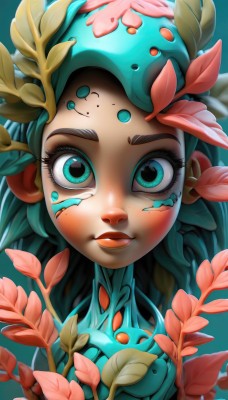 1girl,solo,long hair,looking at viewer,blue eyes,closed mouth,green eyes,flower,parted lips,artist name,mole,blurry,aqua eyes,lips,eyelashes,mole under eye,aqua hair,makeup,leaf,watermark,blue background,facial mark,thick eyebrows,plant,monster girl,portrait,close-up,pink flower,eyeshadow,freckles,red lips,eye focus,mole on cheek,simple background,hair ornament,green hair,web address,nose,facepaint,aqua background