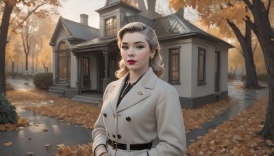 1girl,solo,long hair,looking at viewer,blonde hair,brown hair,shirt,long sleeves,brown eyes,jewelry,jacket,upper body,multicolored hair,earrings,outdoors,day,belt,water,necklace,tree,lips,coat,grey eyes,black shirt,makeup,buttons,leaf,lipstick,building,scenery,buckle,reflection,black belt,belt buckle,realistic,hands in pockets,white coat,red lips,double-breasted,autumn leaves,autumn,falling leaves,parted lips,window,sunlight,eyeshadow,house