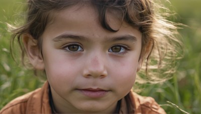 1girl,solo,looking at viewer,short hair,brown hair,1boy,brown eyes,closed mouth,male focus,outdoors,signature,blurry,lips,floating hair,depth of field,blurry background,wind,portrait,close-up,freckles,realistic,nose,artist name,eyelashes,expressionless,sunlight