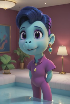 1girl,solo,looking at viewer,smile,short hair,shirt,jewelry,closed mouth,blue hair,standing,purple eyes,purple hair,short sleeves,earrings,indoors,water,pillow,bed,makeup,colored skin,on bed,arms behind back,aged down,plant,lipstick,child,wading,reflection,blue skin,female child,potted plant,lamp,green skin,bedroom,open mouth,blue eyes,parted lips,teeth,collared shirt,artist name,eyelashes,watermark,web address,asymmetrical hair,purple shirt,painting (object)