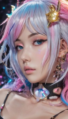 1girl,solo,long hair,looking at viewer,bangs,blue eyes,hair ornament,bare shoulders,jewelry,blue hair,collarbone,pink hair,white hair,multicolored hair,earrings,parted lips,choker,two-tone hair,lips,eyelashes,gradient hair,makeup,piercing,lipstick,gem,ear piercing,portrait,close-up,eyeshadow,realistic,nose,eyeliner,mascara,grey hair,shiny,mole,collar,pink lips