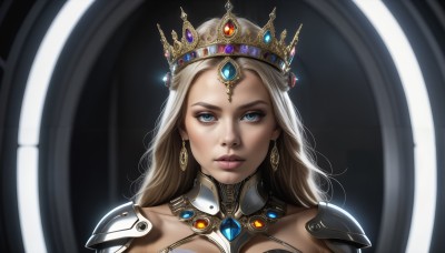 HQ,1girl,solo,long hair,looking at viewer,blue eyes,blonde hair,jewelry,closed mouth,earrings,armor,lips,makeup,tiara,crown,shoulder armor,gem,portrait,pauldrons,realistic,nose